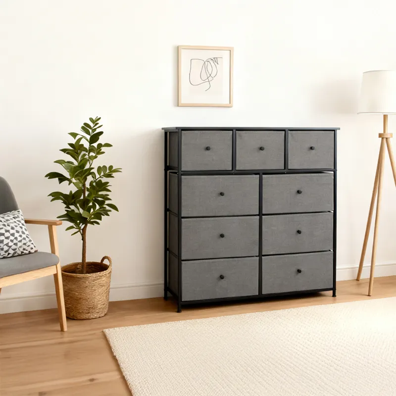 Comoda 9 Sertare Textile / 100X30X99CM - Antracit/Negru