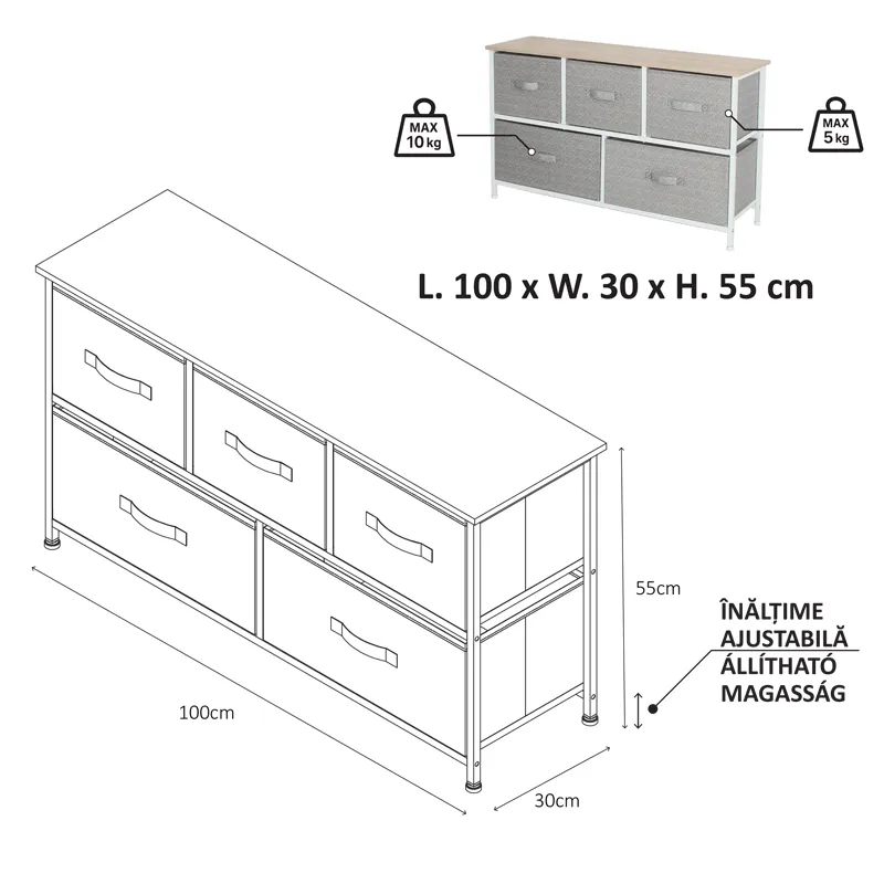 Comoda 5 Sertare Textile / 100X30X55CM - Gri/Alb