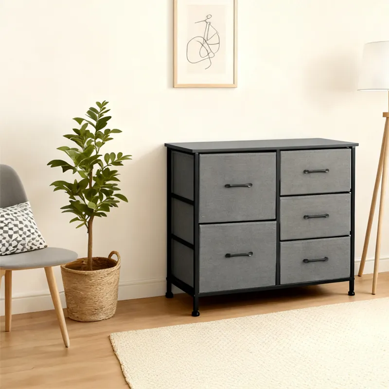 Comoda 5 Sertare Textile / 85X30X73CM - Antracit/Negru