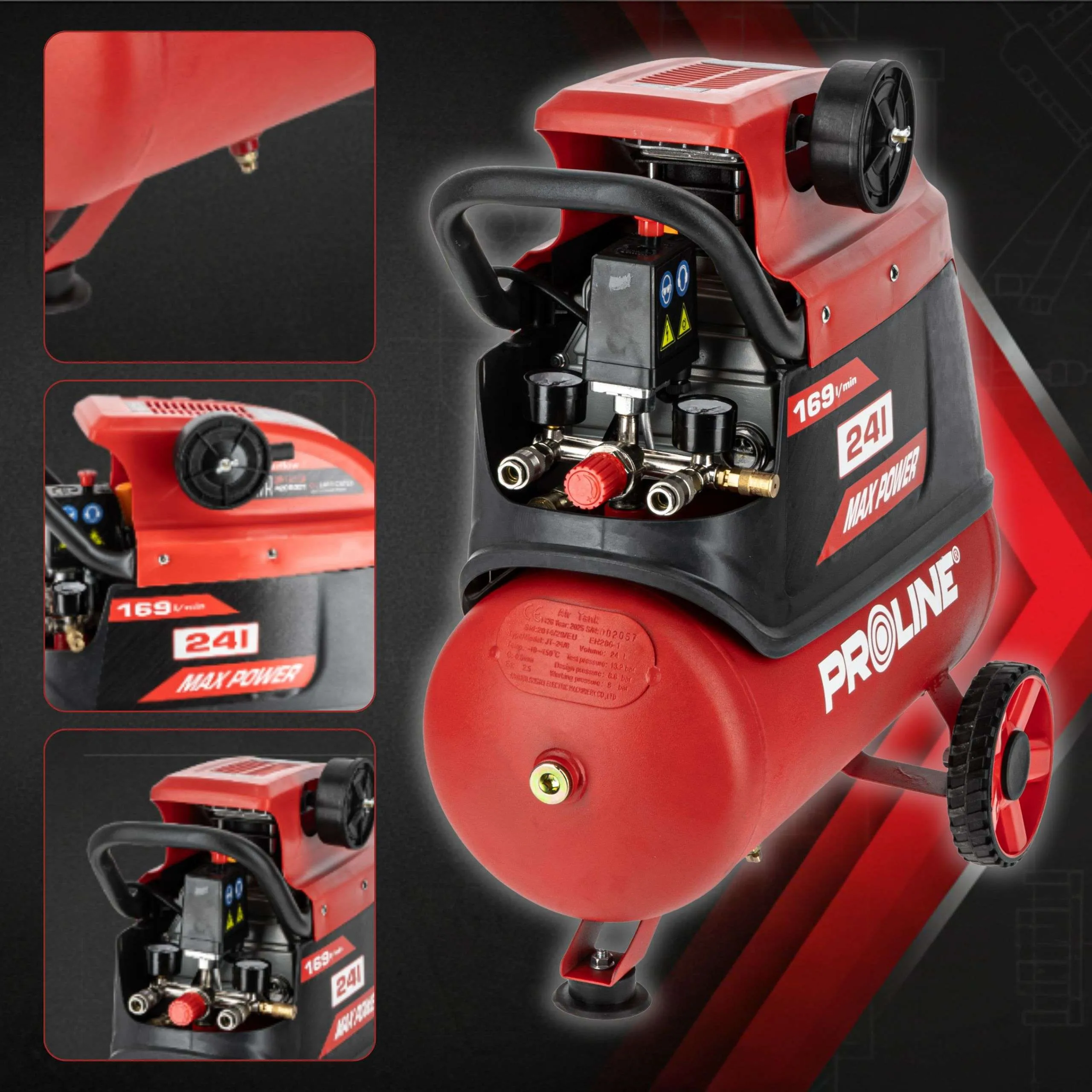 Compresor Aer cu Ulei - 1500W / 8BAR / 169L/Min / 24L