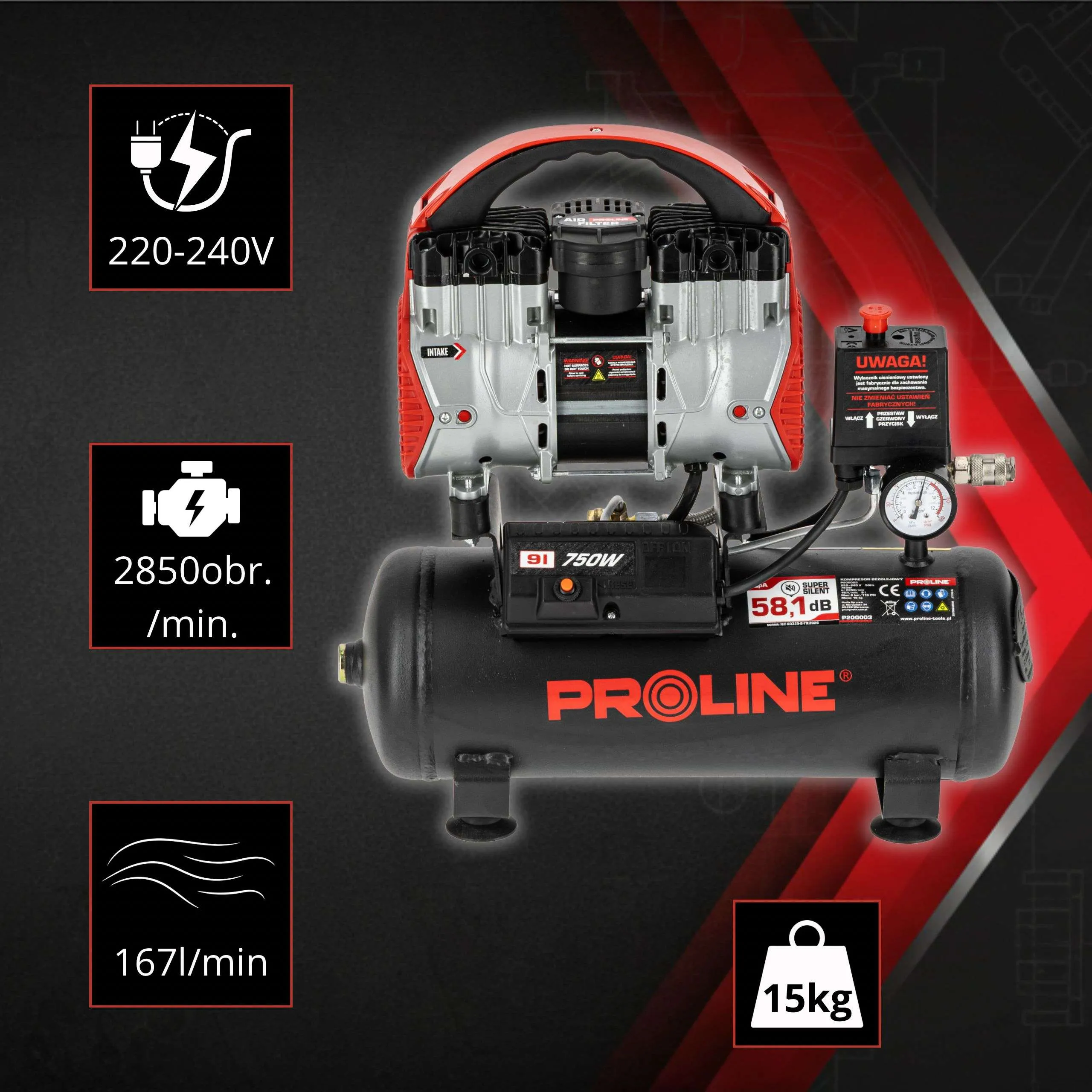 Compresor Aer fara Ulei - 750W / 8BAR / 167L/Min / 9L