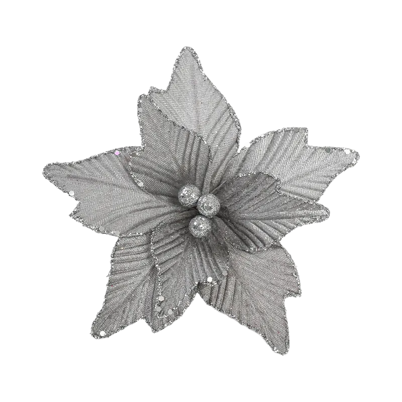 Floare decorativa de Craciun argintie, 18 x 10 cm